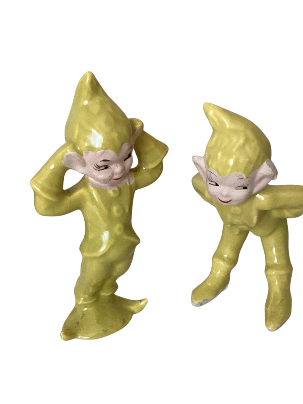 Vintage MCM Gilner Elf Pixie Playful Boys Set of 2 Chartreuse